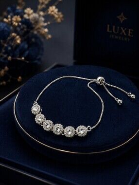 Silver Cubic Zirconia Station Slider Bracelet